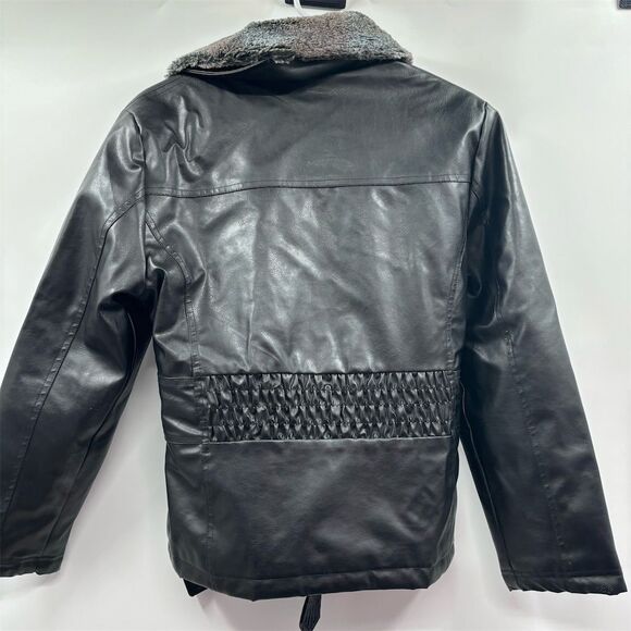 Girls Black Faux Leather Jacket XL Furry Collar Chic Casual Style - Picture 5 of 8